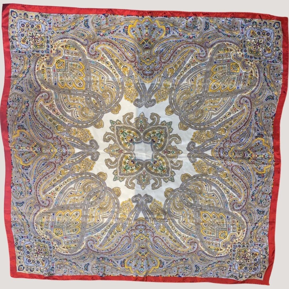Vintage Paisley Silk Scarf Intricate Multicolor Design Hand Rolled Red Trim